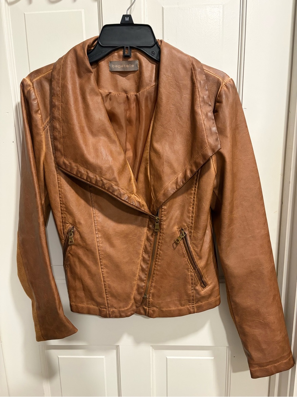 Bagatelle Women's Cognac Faux Leather Draped Moto Jacket - Size M